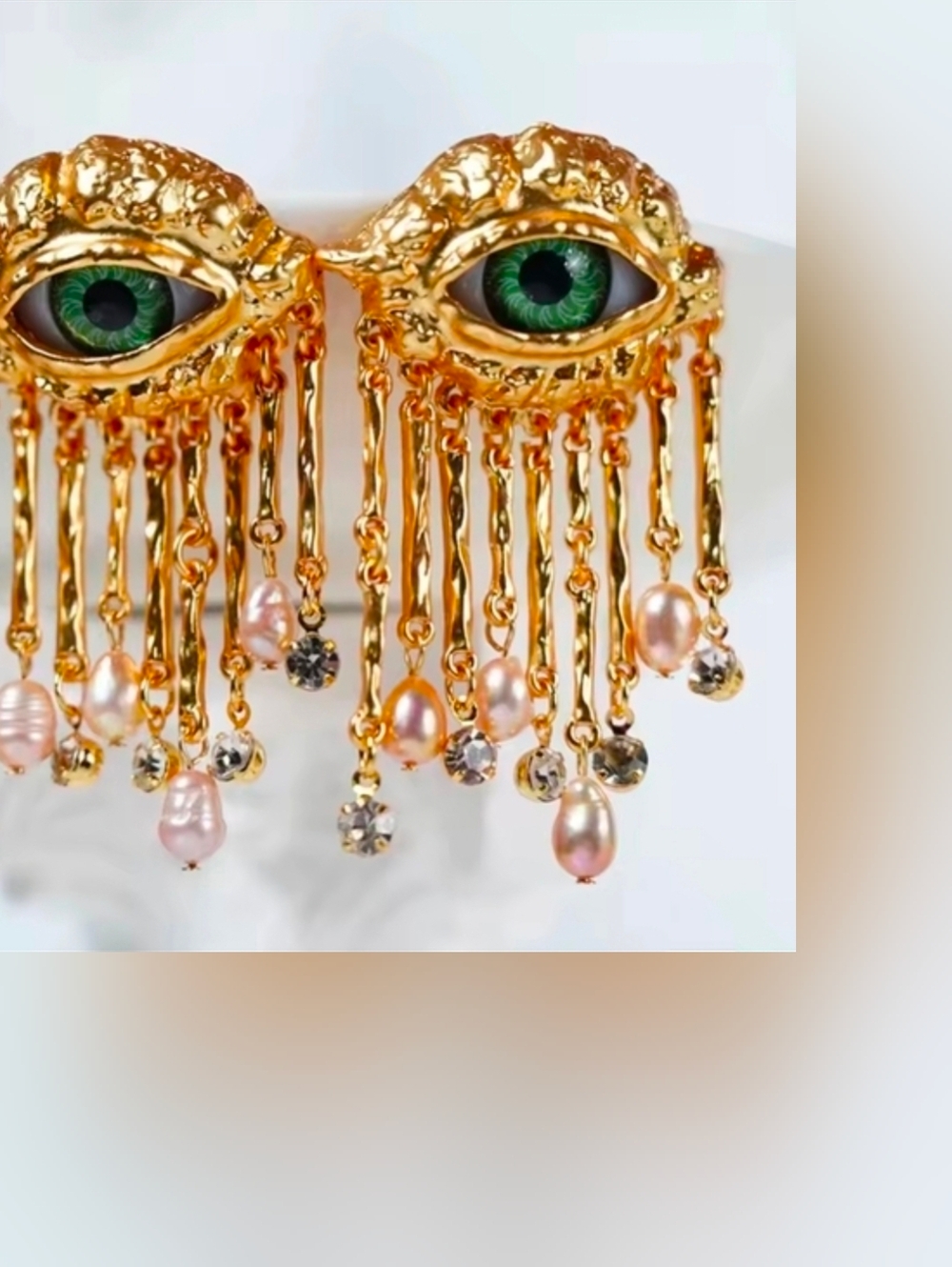 Gold Eye Drop Earrings with Green Iris and Pink Pearls - Picture 5 of 7